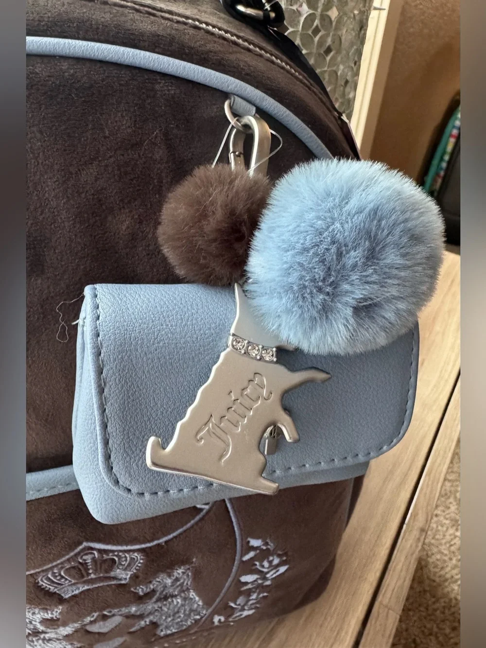 Juicy Couture Brown  Velour Backpack with Light Blue Charm Pouch